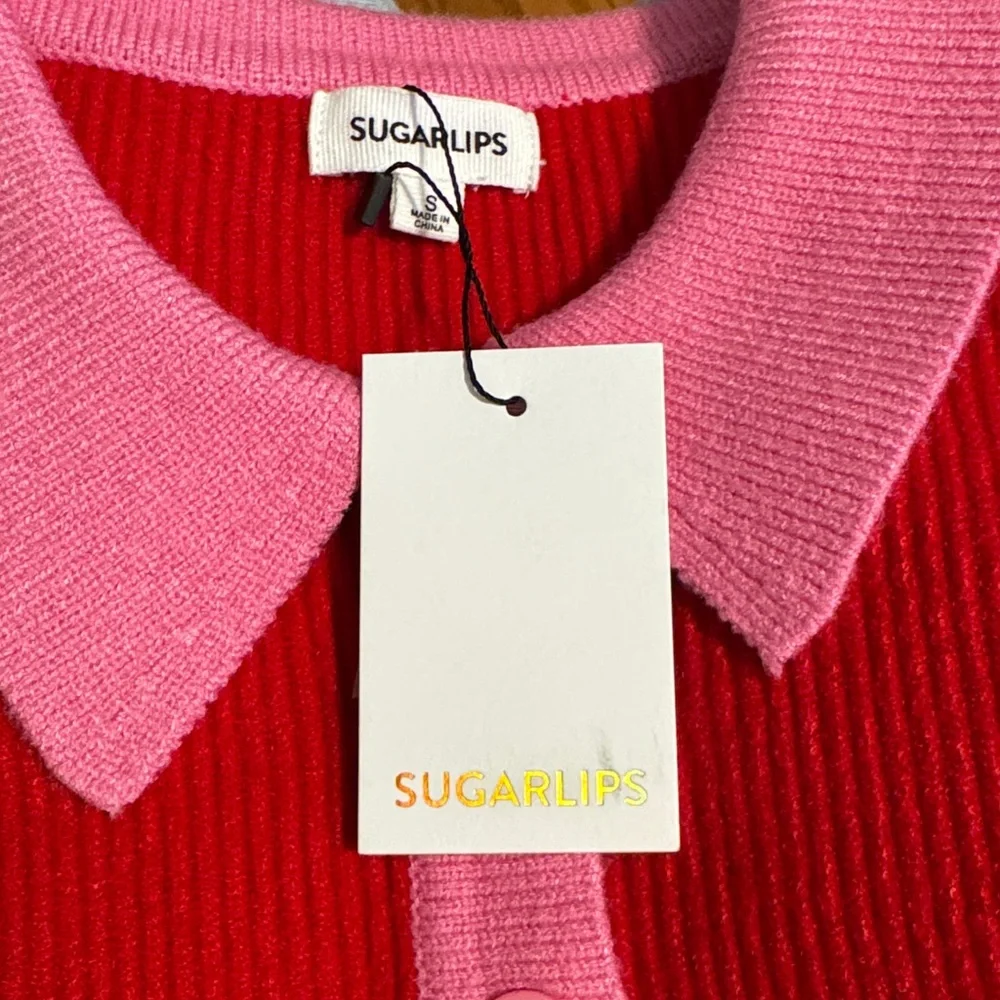 NWT Sugarlips Red and Pink Collared Sweater S - Picture 6 of 6